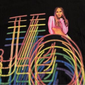Vintage Jennifer Lopez Designer Black Graphic Tee with Trademark JLO Neon Design